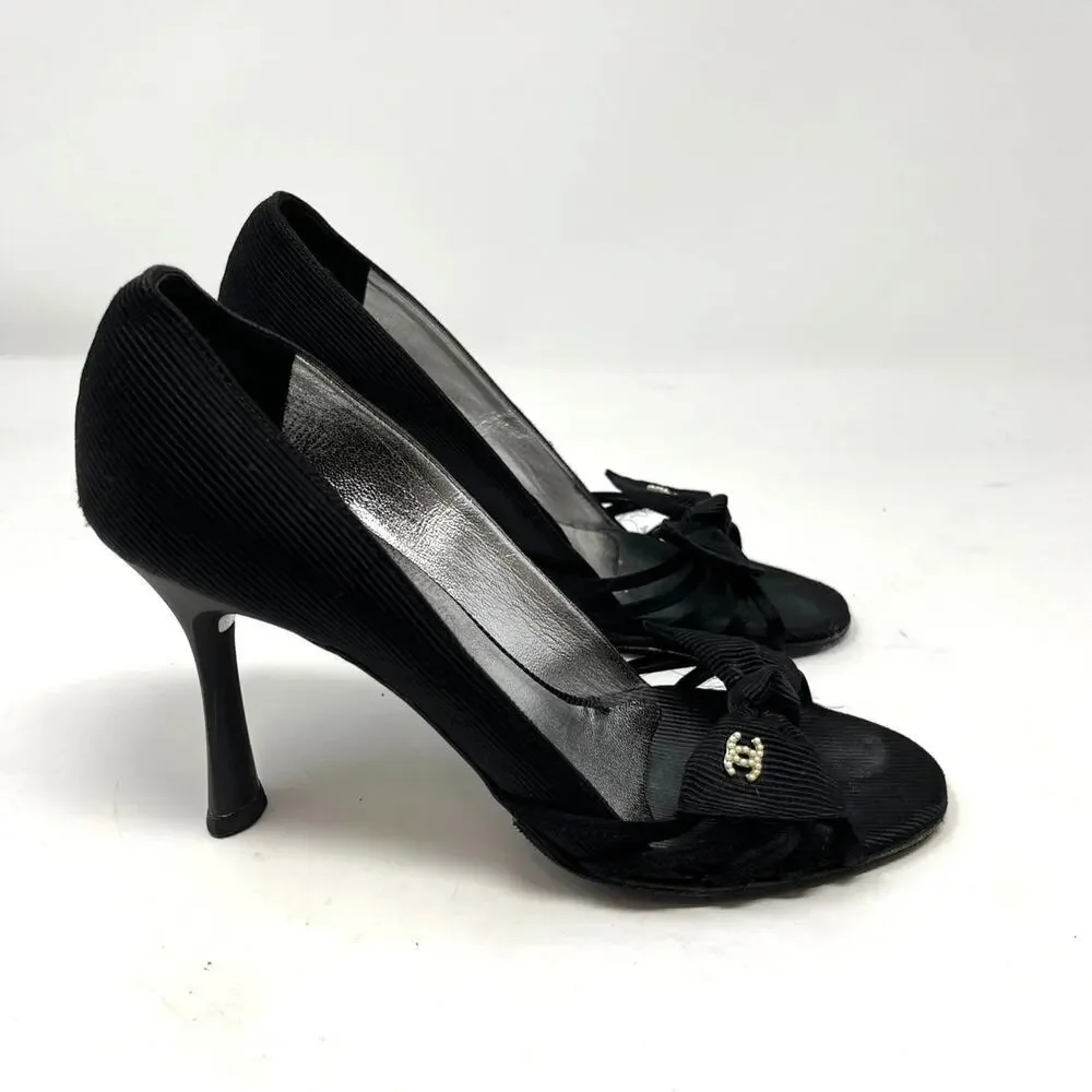 Vintage Chanel CC Pearl Black Heel Sandal Pump with Bow size 37 EU